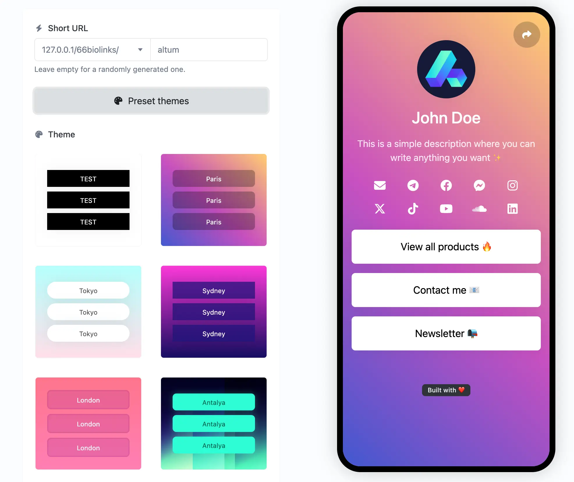 Captura de pantalla de la página de edición de biolink de la aplicación